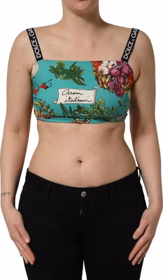 Turquoise Vegetable Print Silk Crop Tank Top