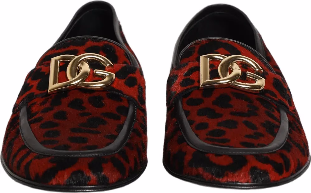 Red Leopard Print Pony Hair Dress Loafers Shoes