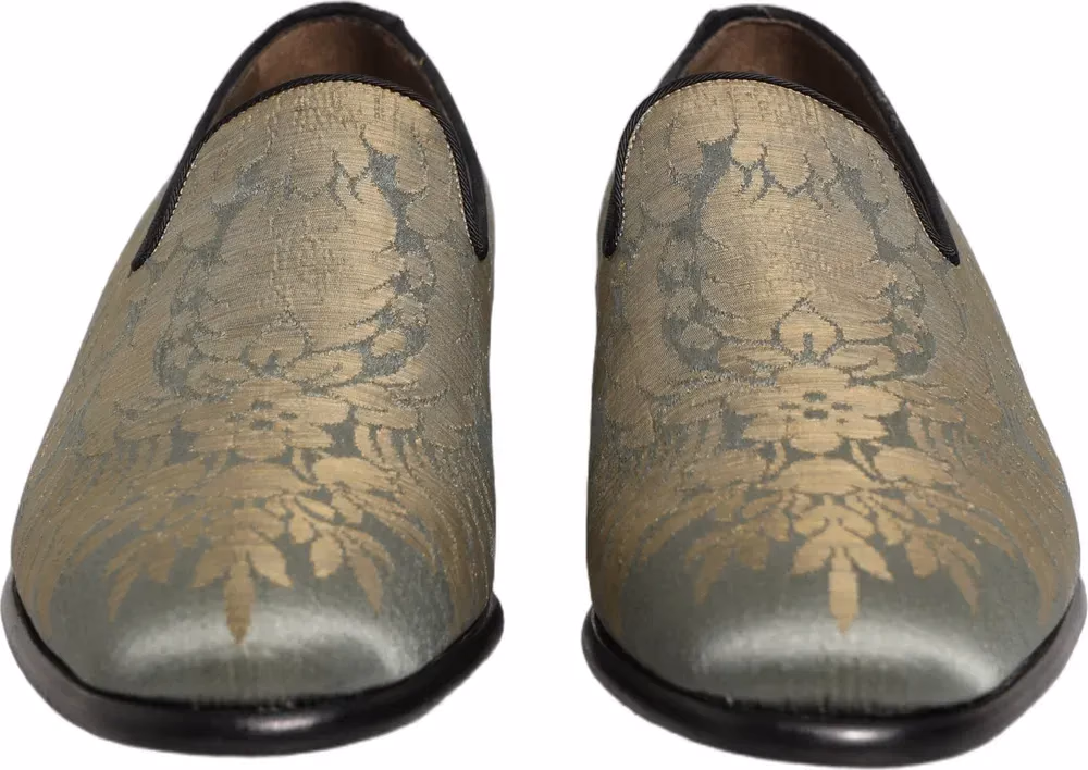 Gold Floral Jacquard Slip On Loafers Shoes