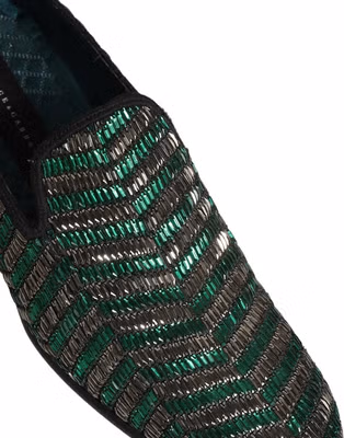 Silver Green Embellished Dress Loafers Shoes