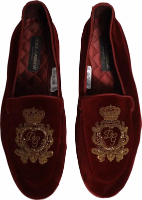 Maroon Velvet Crown Embroidery Loafers Shoes