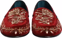 Red Velvet Floral Embroidery Loafers Shoes 2