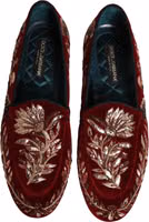 Red Velvet Floral Embroidery Loafers Shoes 3