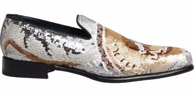 White Gold Sequined Slip On Loafers Shoes
