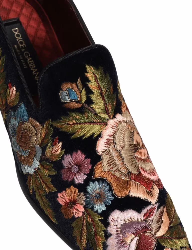 Black Velvet Floral Embroidery Loafers Shoes
