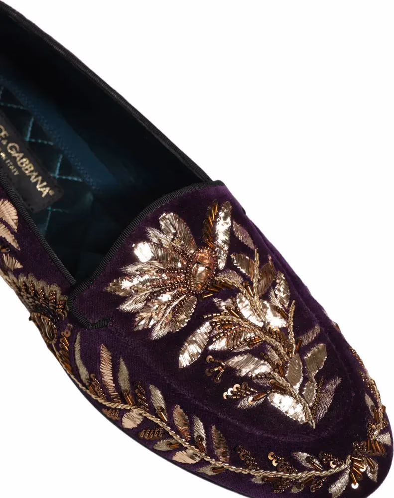 Violet Velvet Floral Embroidery Loafers Shoes