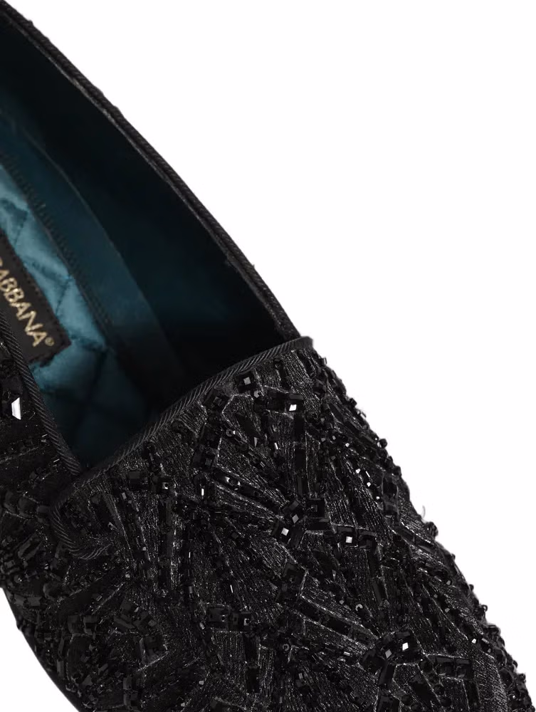 Black Velvet Embroidered Dress Loafers Shoes