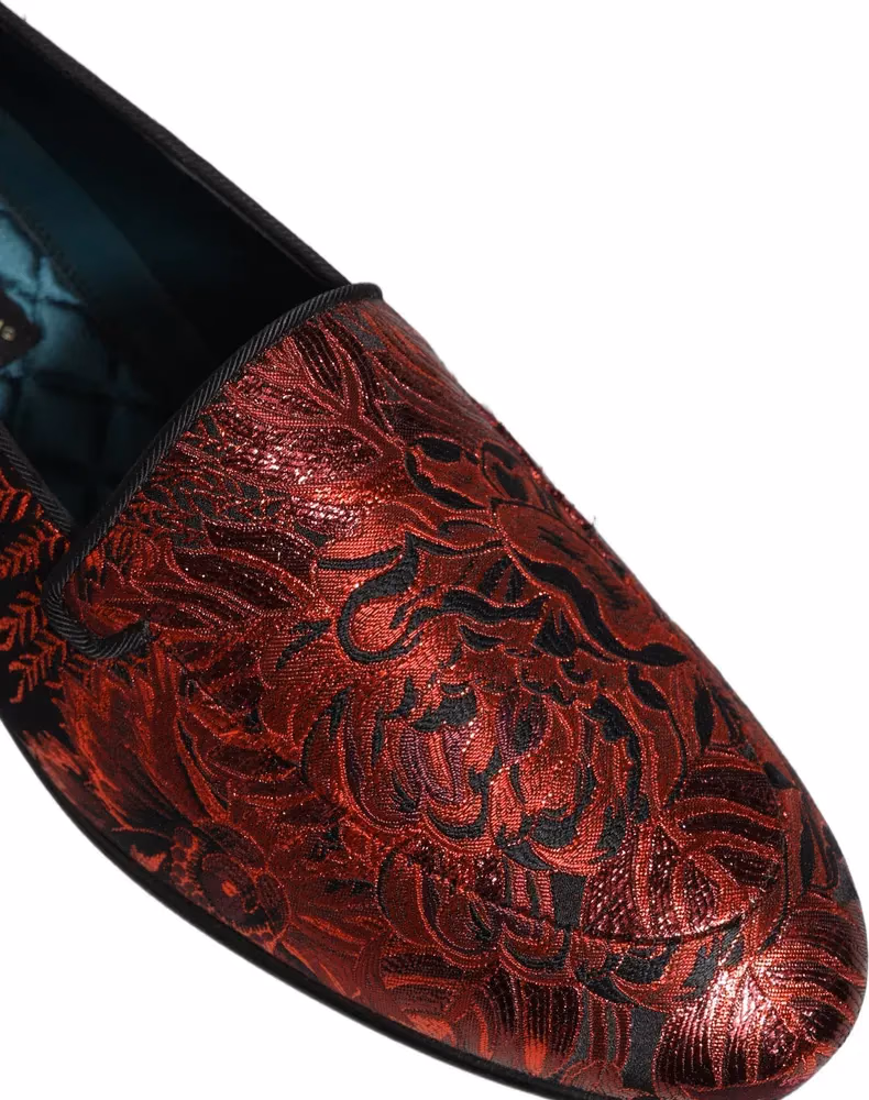 Red Floral Jacquard Slip On Loafers Shoes