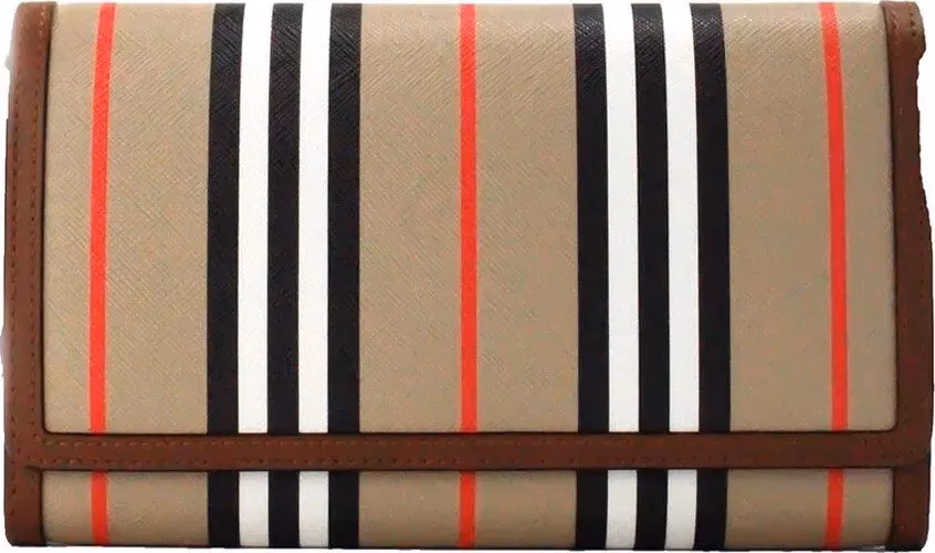 Burberry Hannah Icon Stripe Archive Tan E-Canvas Leather Wallet Crossbody Bag