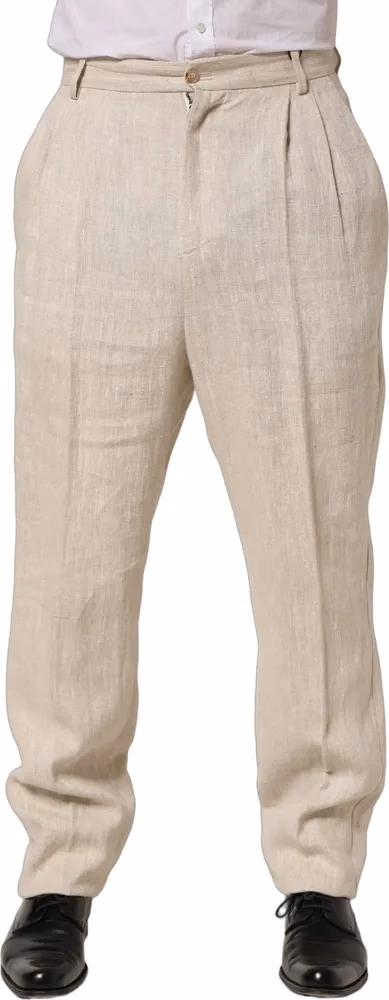 Beige Linen Tapered Men Dress Trouser Pants