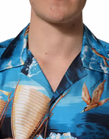 Blue Silk Twill Hawaiian GraphicPrint Shirt 1