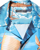 Blue Silk Twill Hawaiian GraphicPrint Shirt 2