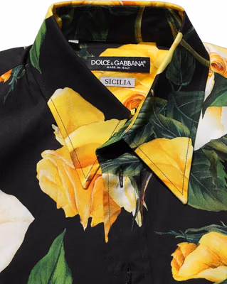 Black Floral Stretch Cotton SICILIA Fit Dress Shirt