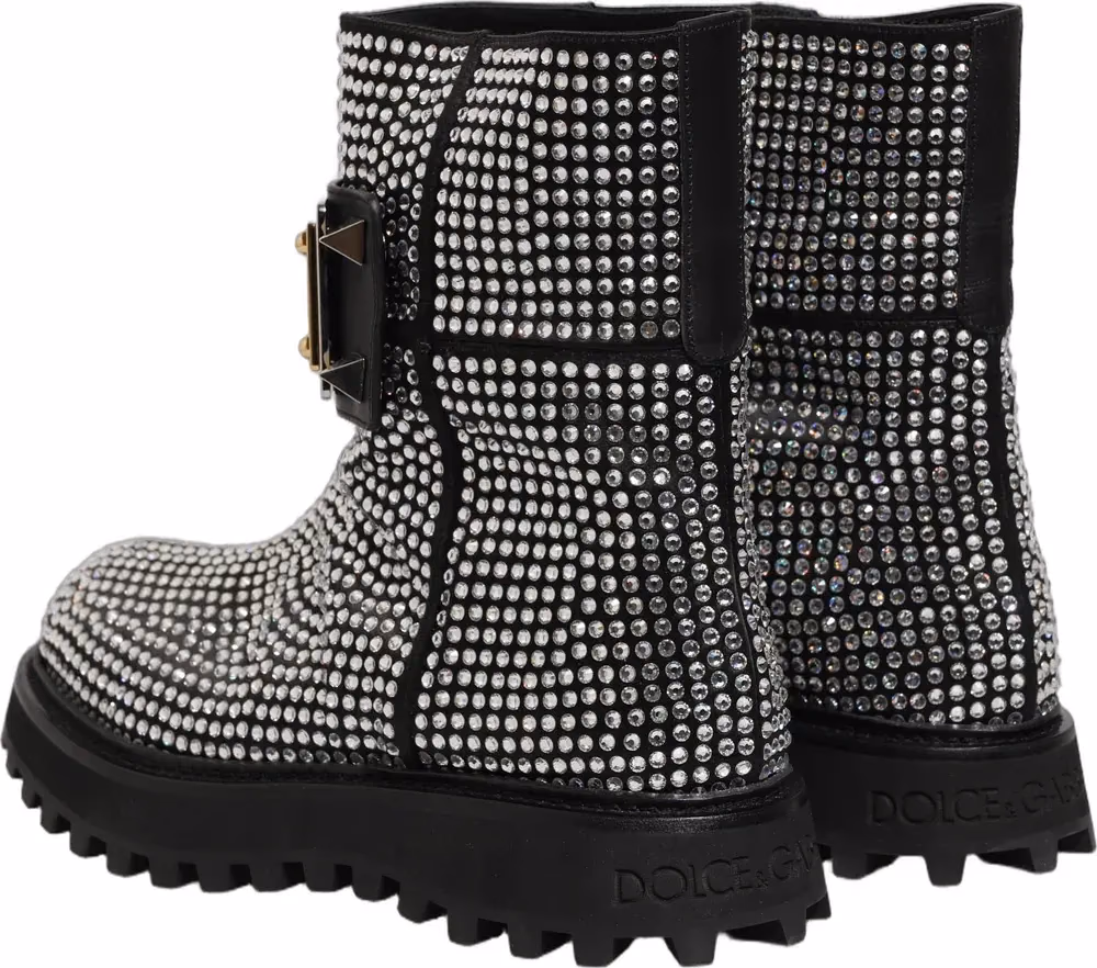 Black Crystal Embellished Short Boots Shoes