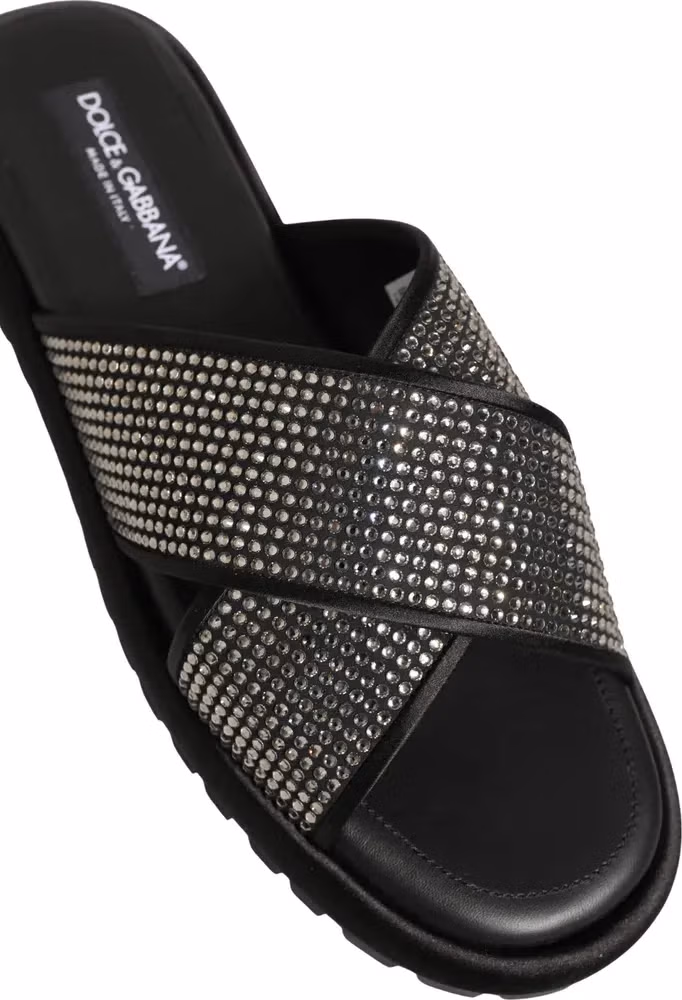 Black Strass Criss Cross Slide Sandals Shoes