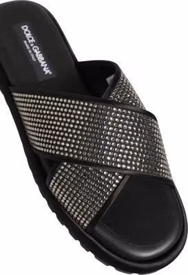 Black Strass Criss Cross Slide Sandals Shoes