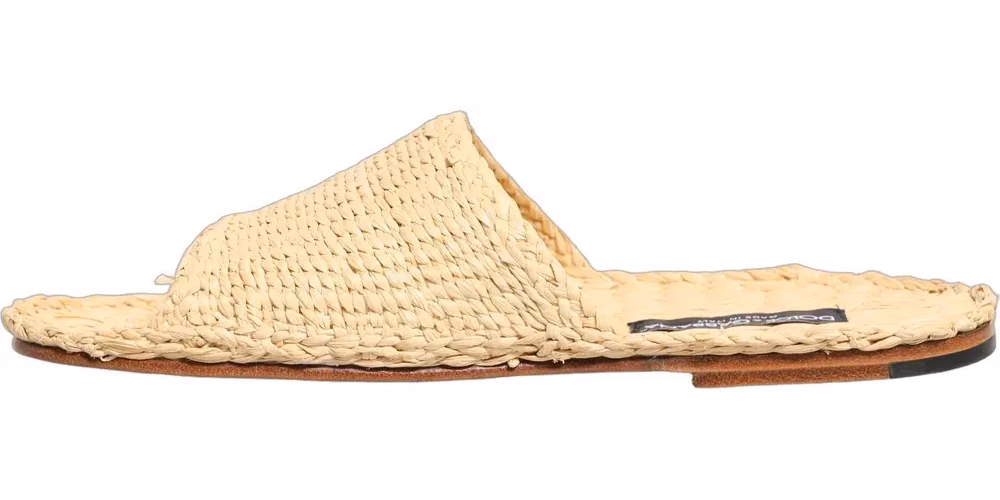 Beige Straw Raffia Slides Sandals Flats Shoes