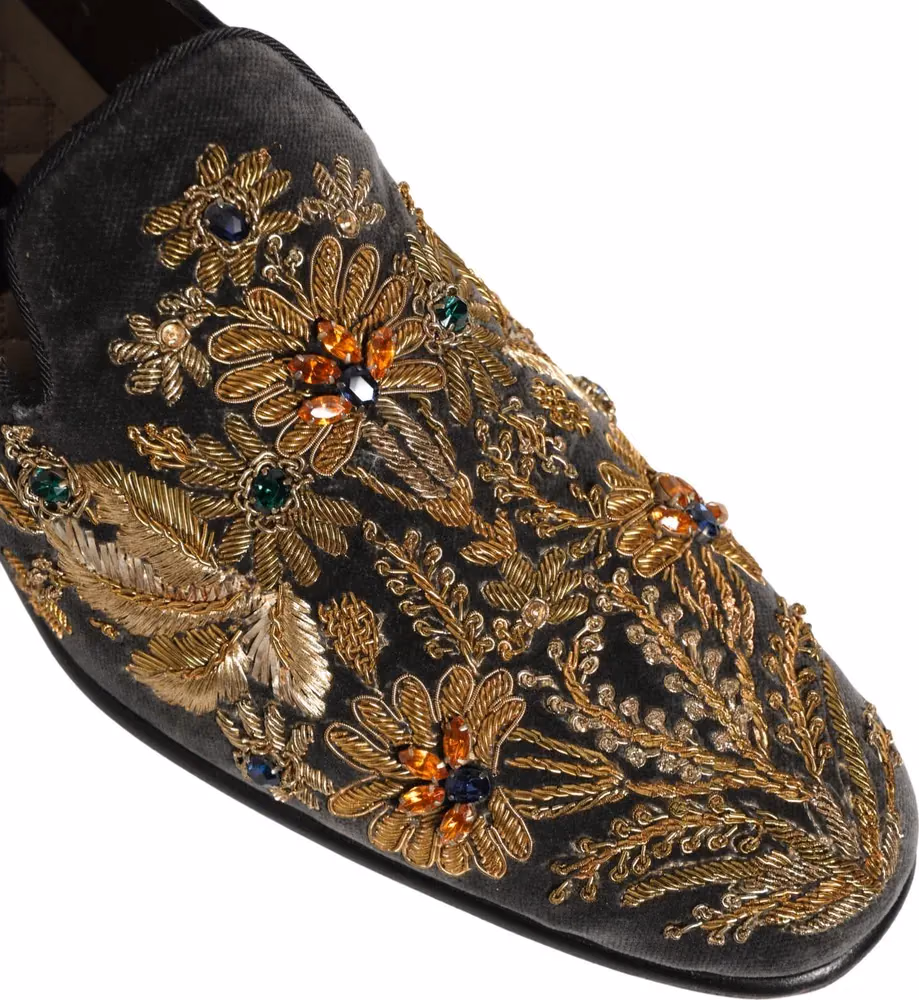 Black Velvet Embellished Dress Loafers Shoes