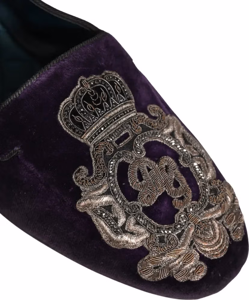 Purple Velvet Crown Embroidery Loafers Shoes