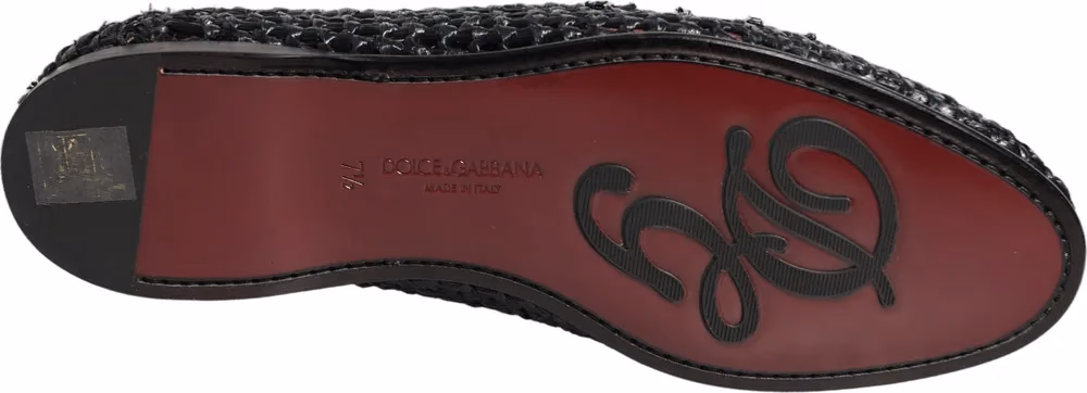 Black Woven Raffia Slip On Loafers Shoes
