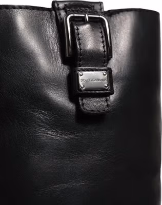 Black Leather Buckle Detail Mid Calf Boots Shoes