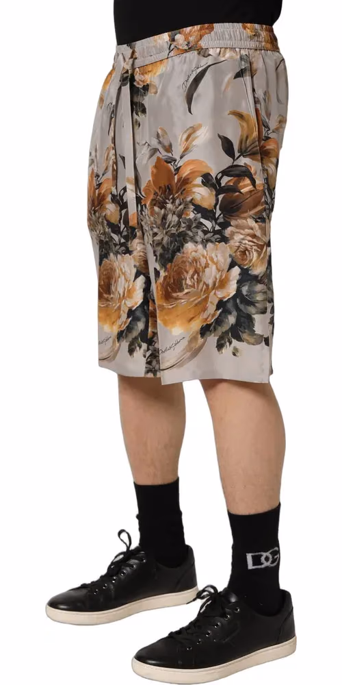 Beige Floral Print Silk Men Bermuda Shorts