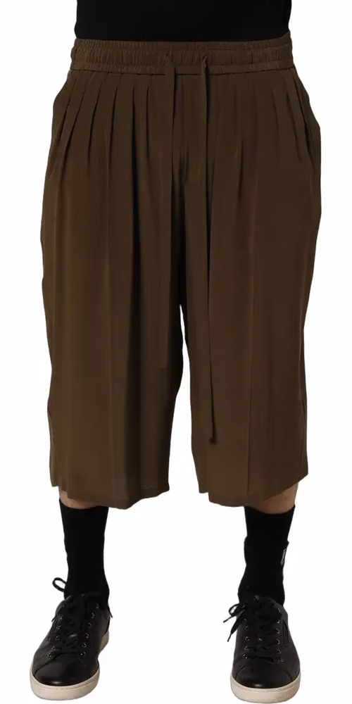Brown Silk Mid Waist Pleated Bermuda Shorts
