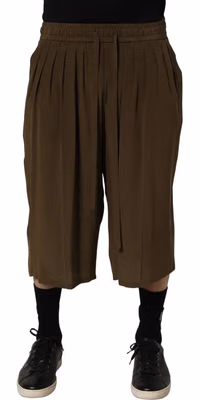 Brown Silk Mid Waist Pleated Bermuda Shorts
