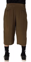 Brown Silk Mid Waist Pleated Bermuda Shorts 3
