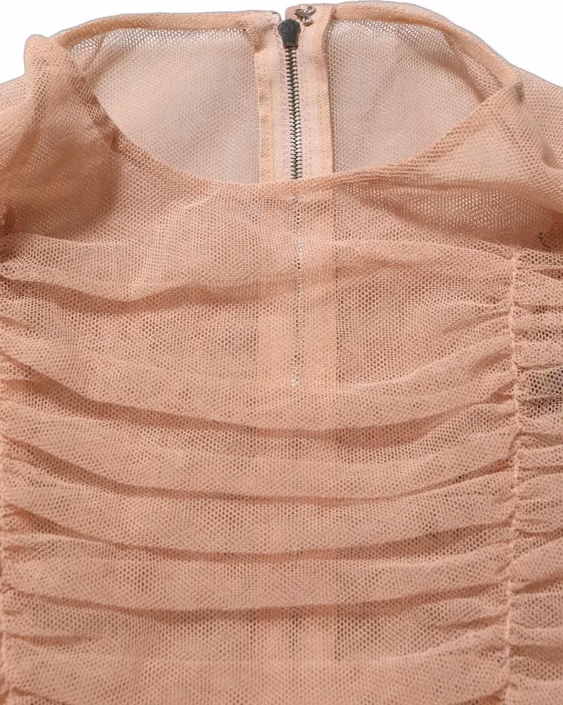 Beige Cotton Mesh Ruched Sheath Midi Dress