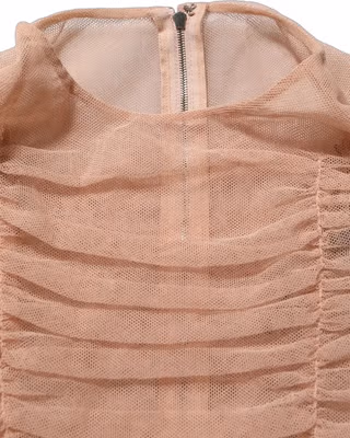 Beige Cotton Mesh Ruched Sheath Midi Dress
