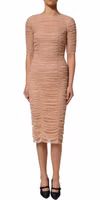 Beige Cotton Mesh Ruched Sheath Midi Dress 2