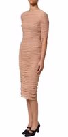 Beige Cotton Mesh Ruched Sheath Midi Dress 3