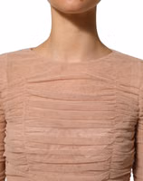 Beige Cotton Mesh Ruched Sheath Midi Dress 5