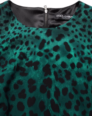 Green Leopard Print Silk Knee Length Dress