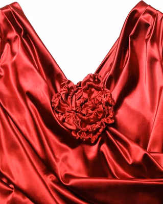 Red Silk Satin Draped Midi Floral Applique Dress