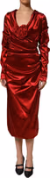 Red Silk Satin Draped Midi Floral Applique Dress 2
