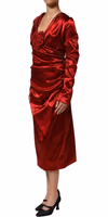 Red Silk Satin Draped Midi Floral Applique Dress 3