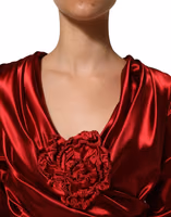 Red Silk Satin Draped Midi Floral Applique Dress 4