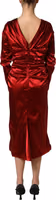 Red Silk Satin Draped Midi Floral Applique Dress 5
