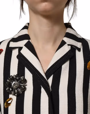 Black White Striped Embellished Coat Jacket