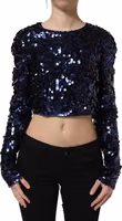 Blue Sequined Long Sleeves Crop Blouse Top 2