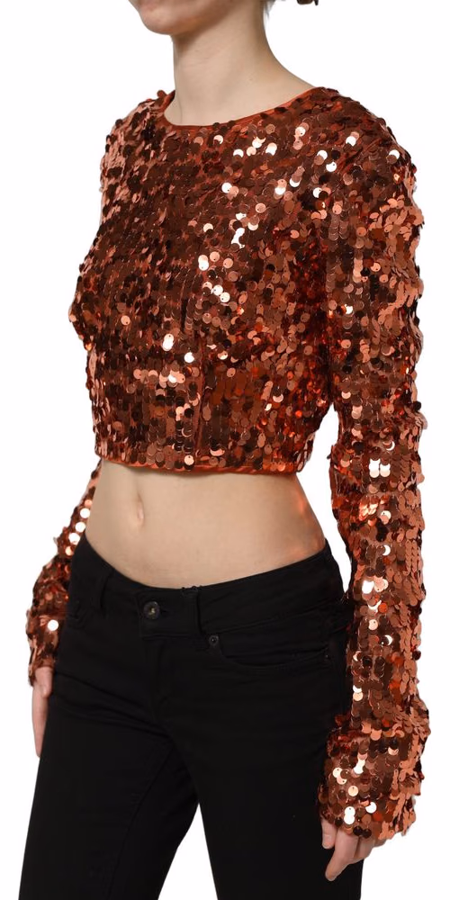 Red Sequined Long Sleeves Crop Blouse Top