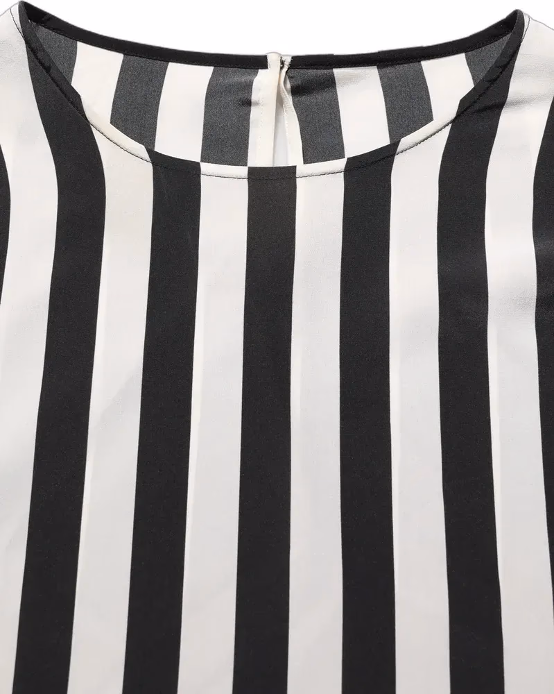 Black White Stripes Round Neck Blouse Top