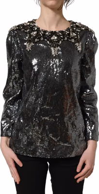 Metallic Gray Sequin Embellished Blouse Top