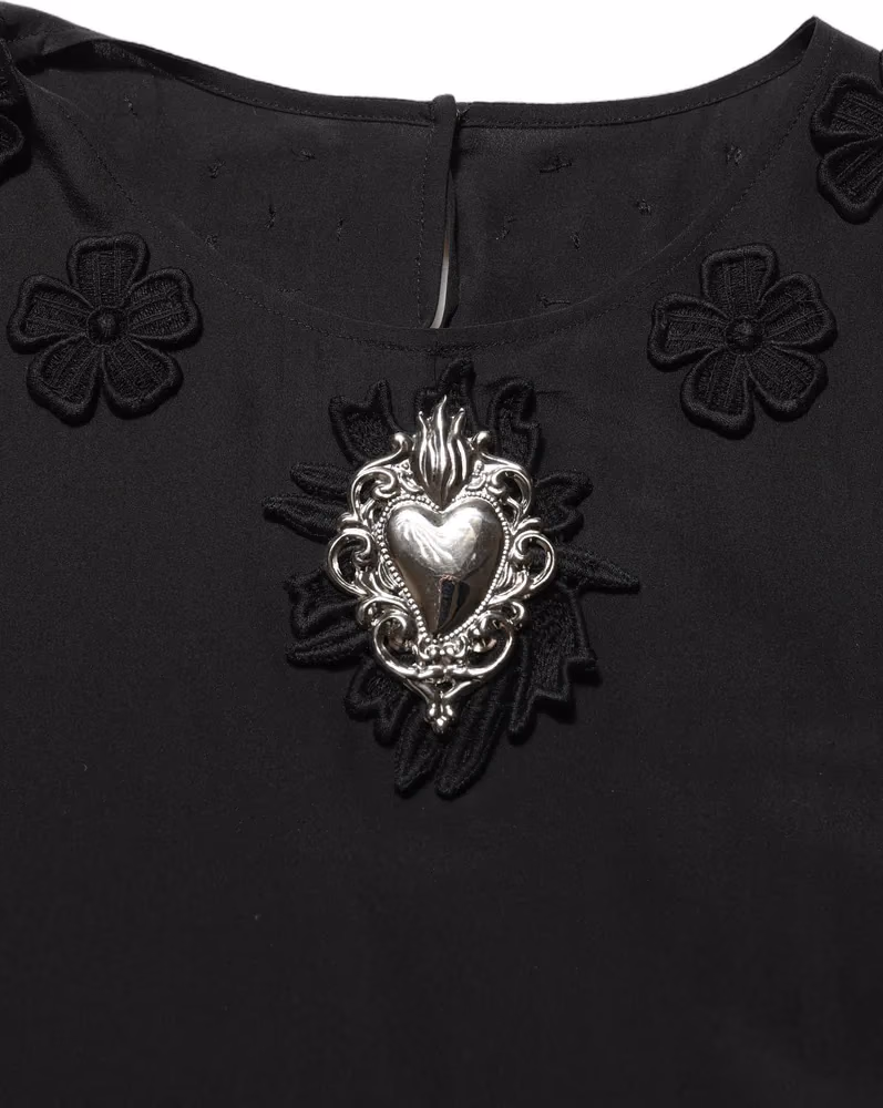 Black Floral Silk Heart Appliqué Blouse Top