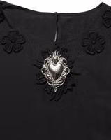 Black Floral Silk Heart Appliqué Blouse Top 1