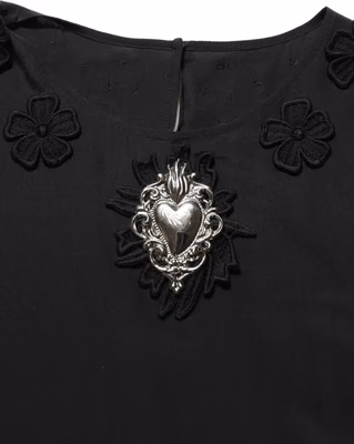 Black Floral Silk Heart Appliqué Blouse Top