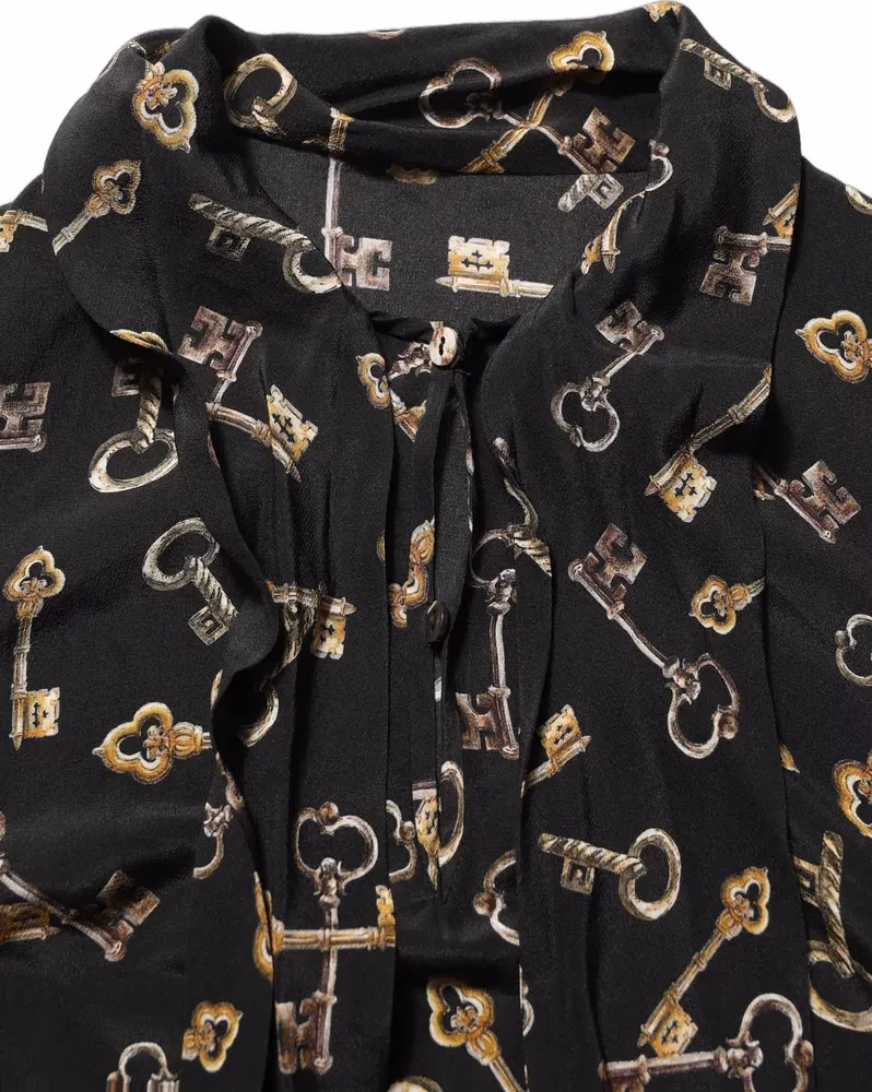 Black Keys Print Silk Tie Neck Blouse Top
