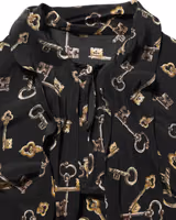 Black Keys Print Silk Tie Neck Blouse Top 1